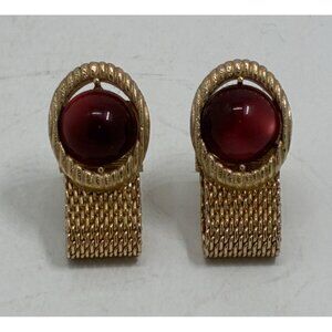 Vintage Swank Gold-Tone Mesh Cufflinks With Red Cabochon Accents